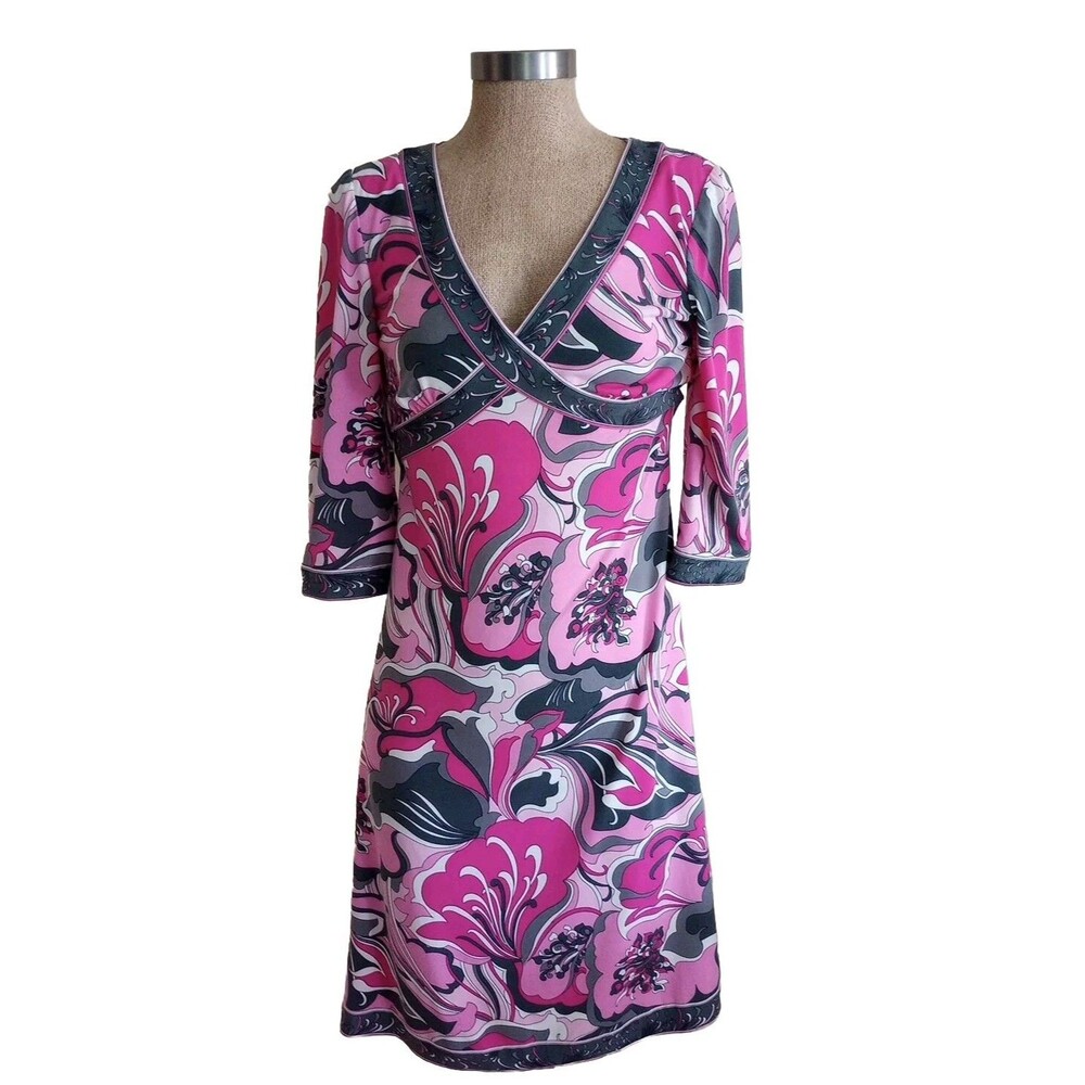 Tahari  Arthur Levine Sheath Dress Sz 6 Pink Gray  Cross Front Retro 60s